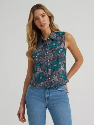 Women's Wrangler Breezy Sleeveless Crop Western Snap Shirt in Purple
