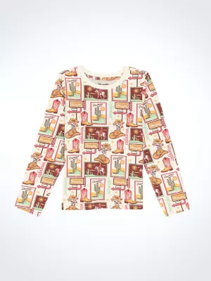 Girl's Long Sleeve Western Graphic Tee in Allover Boots