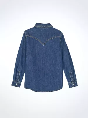 Girl's Embroidered Western Snap Denim Shirt in Dark Denim