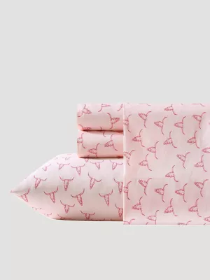 Wrangler Patterned Twin Sheet Set:Steer Skulls/ Pink:Twin