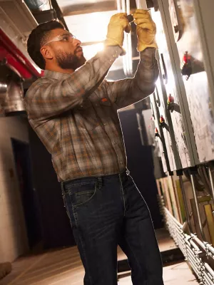 Wrangler FR Long Sleeve Western Snap Plaid Shirt:GreyOrange:4X