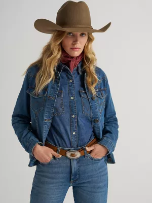 Women's Long Sleeve Classic Fit Denim Jacket in Dark Denim