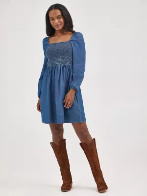 Womens Smocked Bodice ALine Dress:Dark Denim:XXL