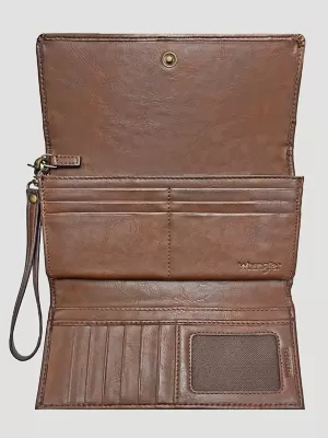 Floral Embossed Stud Trim Wristlet:Brown:One Size