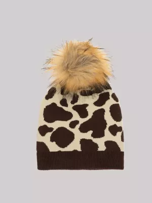 Womens Giraffe Ombre Pom Pom Beanie:Brown:One Size