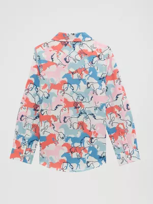 Girl's Cowboy Horse Print Western Snap Shirt in Colorful Horses