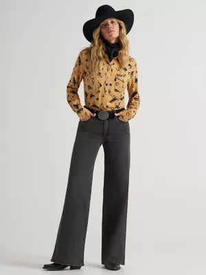 Women's Wrangler Bold Bucking Cowboy Western Snap Shirt in Scattered Rodeo Brown