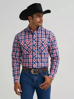 Men's Wrangler® Logo Long Sleeve Button-Down Plaid Shirt in Americana