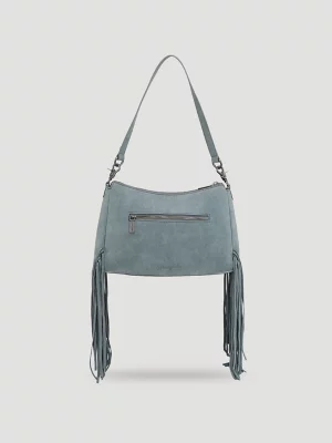 Buckle and Fringe Satchel Bag:Blue:One Size