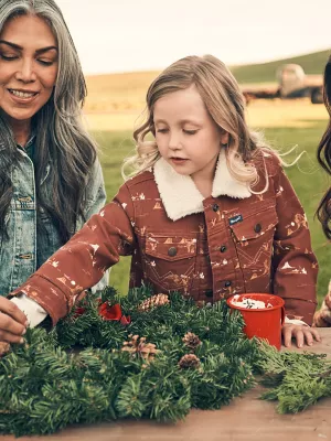 Girl's Southwestern Print Sherpa Denim Jacket in Burgundy