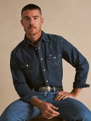 Cowboy Cut® Long Sleeve Western Denim Snap Work Shirt in Dark Denim