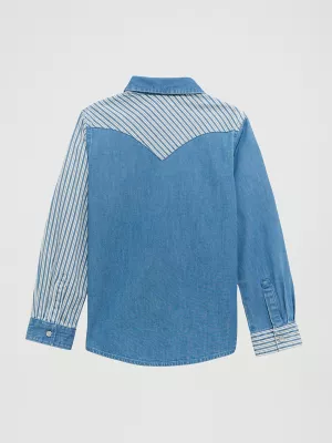 Girl's Patchwork Western Snap Shirt in Denim Stripes