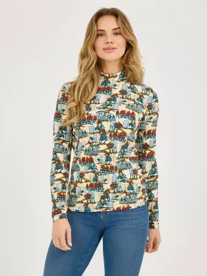 Women's Western Print Mock Neck Shirt in Blue