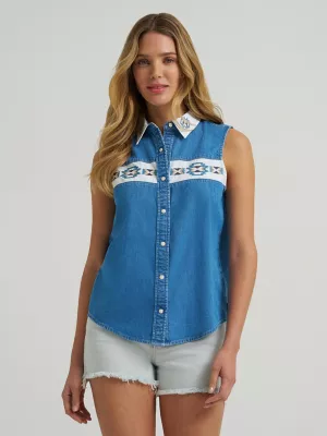 Women's Wrangler Embellished Denim Sleeveless Snap Shirt in Mid Denim