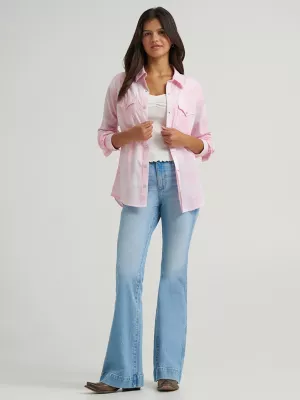 Women's Essential Long Sleeve Plaid Western Snap Top in Baby Pink