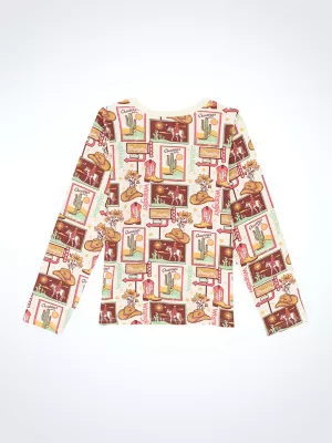 Girl's Long Sleeve Western Graphic Tee in Allover Boots