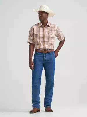 Men's Wrinkle Resist Short Sleeve Western Snap Plaid Shirt in Hay Brown