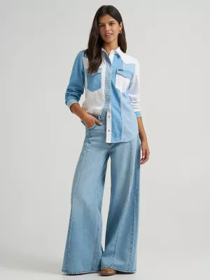 Women's Wrangler Pieced Denim Vintage Fit Snap Shirt in Denim