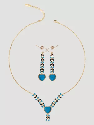 Heart Pendant Beaded Necklace Earring Set:Turquoise:One Size