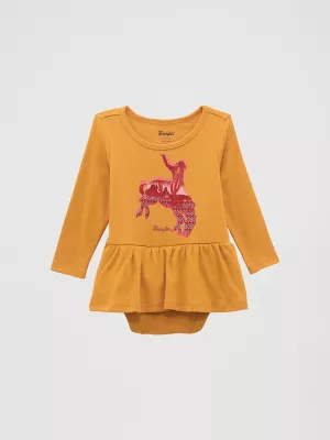 Baby Girl's Horse Graphic Skirted Bodysuit in Mustard