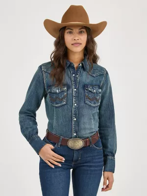 Women’s Long Sleeve Western Snap Denim Top in Denim