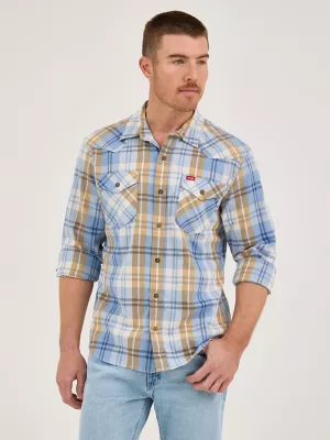 Men's Plaid Broken Twill Shirt in Blue Mustard