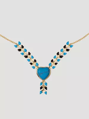 Heart Pendant Beaded Necklace Earring Set:Turquoise:One Size