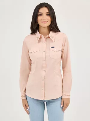 Women's Embroidered Collar Slim Western Snap Shirt in Pink