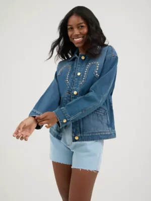 Wrangler® x Yellow Rose by Kendra Scott Studded Jacket in Patina Blue