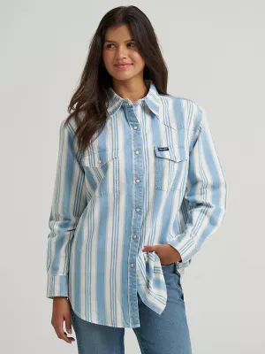 Women's Wrangler Brushpopper Boyfriend Western Snap Shirt in Pale Blue