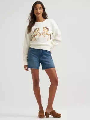 Women's Wrangler Soutache Horse Crew Sweatshirt in White