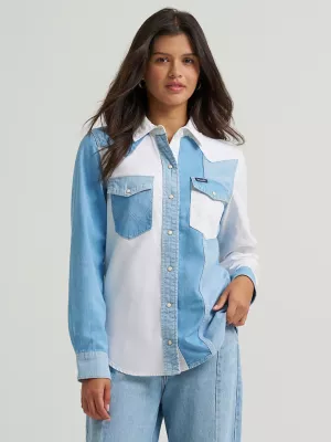 Women's Wrangler Pieced Denim Vintage Fit Snap Shirt in Denim