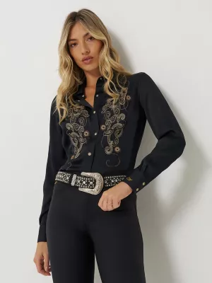 Wrangler x Lainey Wilson Satin Embroidered Western Snap Shirt in Black