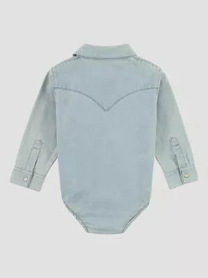 Baby Boy Long Sleeve Denim Bodysuit with Western Snap Placket in Faded Blue