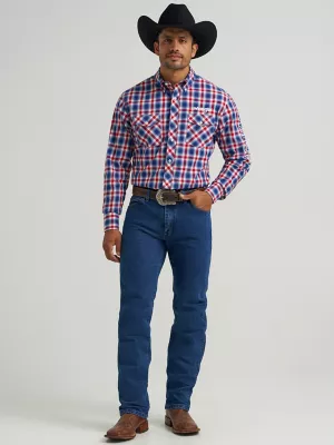 Men's Wrangler® Logo Long Sleeve Button-Down Plaid Shirt in Americana