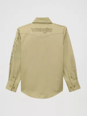 Boy's Wrangler® Logo Long Sleeve Western Snap Shirt in Khaki