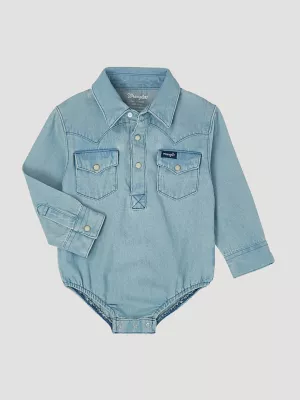 Baby Boy Long Sleeve Denim Bodysuit with Western Snap Placket in Faded Blue