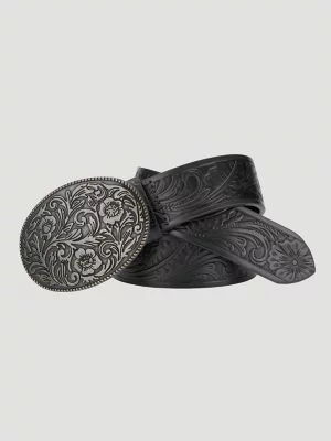 Womens Floral Embossed Belt:Black:XL