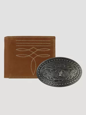 Mens Wallet Belt Buckle Gift Set:Brown:One Size: