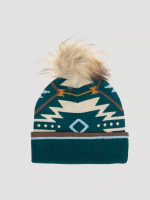 Womens Southwestern Pom Pom Beanie:Teal:One Size:
