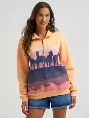 Women's Western Quarter Zip Sweatshirt in Orange Horses