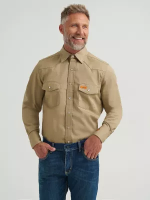 Wrangler® FR Flame Resistant Long Sleeve Western Snap Solid Twill Work Shirt in Khaki