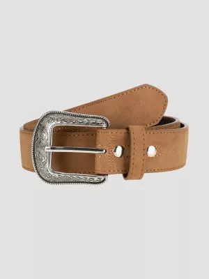 Men's Stitch Detailed and Etched Buckle Belt in Camel