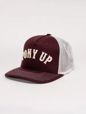 Womens Pony Up Trucker Hat:Burgundy:One Size