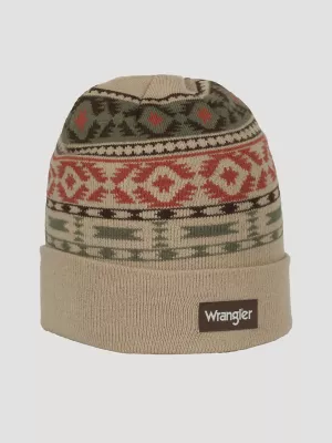 Mens Southwest Print Beanie:Tan/Green:One Size: