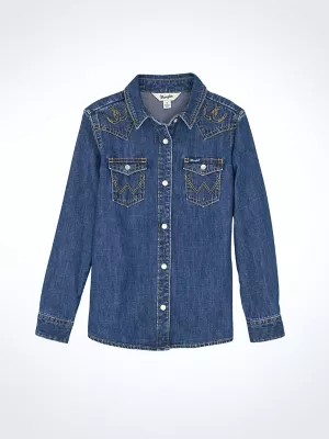 Girl's Embroidered Western Snap Denim Shirt in Dark Denim