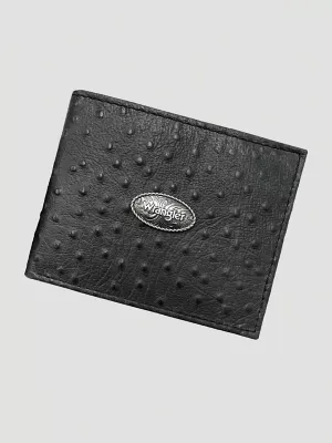 Embossed Ostrich Leather Bifold Wallet:Black:One Size