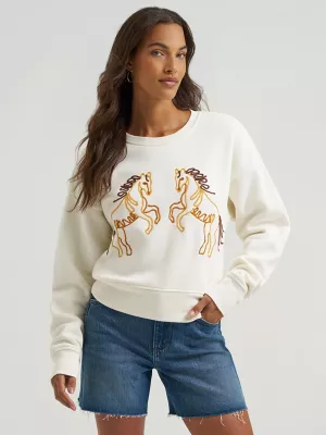 Women's Wrangler Soutache Horse Crew Sweatshirt in White