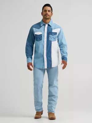 Vintage-Inspired Western Snap Workshirt in Colorblock Denim