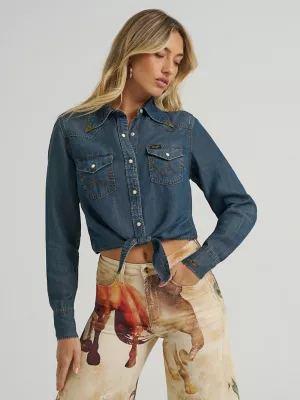 Wrangler x Lainey Wilson Tie Front Denim Shirt in Boho Wash